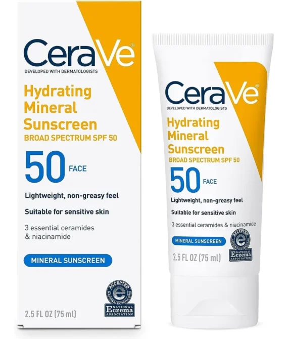 CeraVe 100% Mineral Sunscreen SPF 50 | Face Sunscreen with Zinc Oxide & Titanium Dioxide for Sensitive Skin | 2.5 oz, 1 Pack (Packaging May Vary)