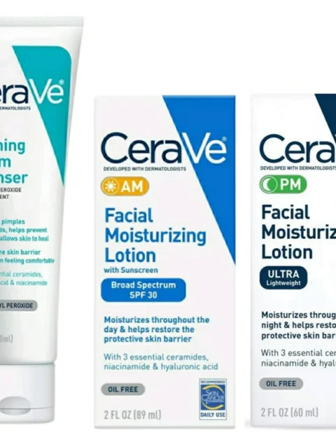 CeraVe Daily Skincare Acne Treatment Bundle Acne Foaming Cream Cleanser (5 fl oz), AM Facial Moisturizing Lotion with Sunscreen (2 oz), and PM Facial Moisturizing Lotion (2 oz)